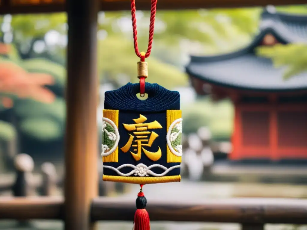 Detalle de amuleto Omamori japonés del período Edo, simbolizando protección y tradición en un santuario tranquilo