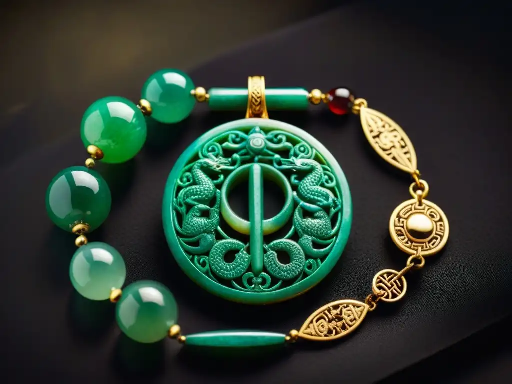 Detalle de amuletos antiguos chinos de jade y oro, con símbolos tradicionales como dragones y fénix, mostrando el significado cultural