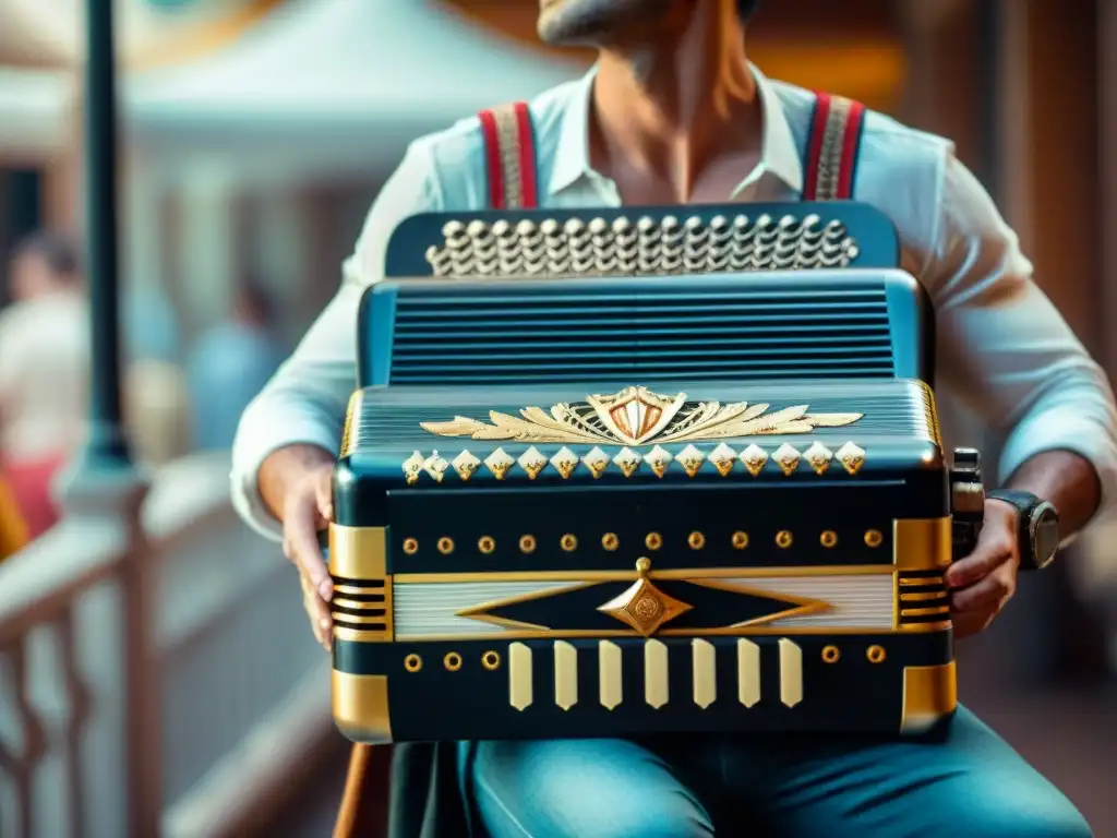 Detalle de un antiguo acordeón con ornamentos, resaltando la artesanía y cultural