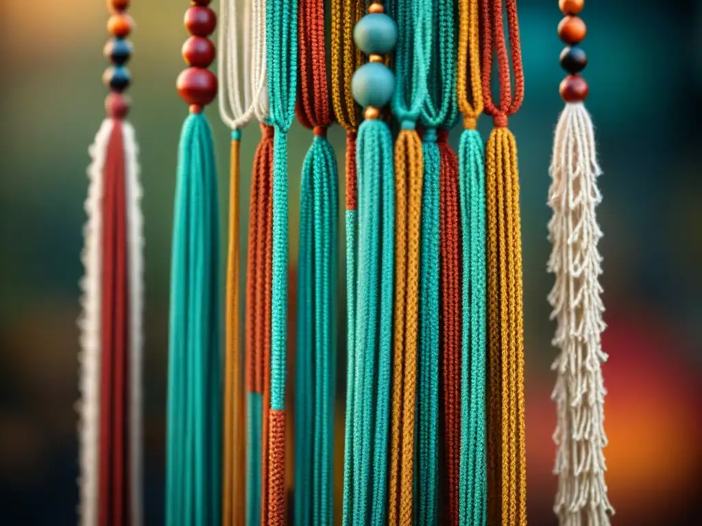 Detalle de un quipu antiguo con intrincados nudos en colores vibrantes, en un archivo histórico tenue