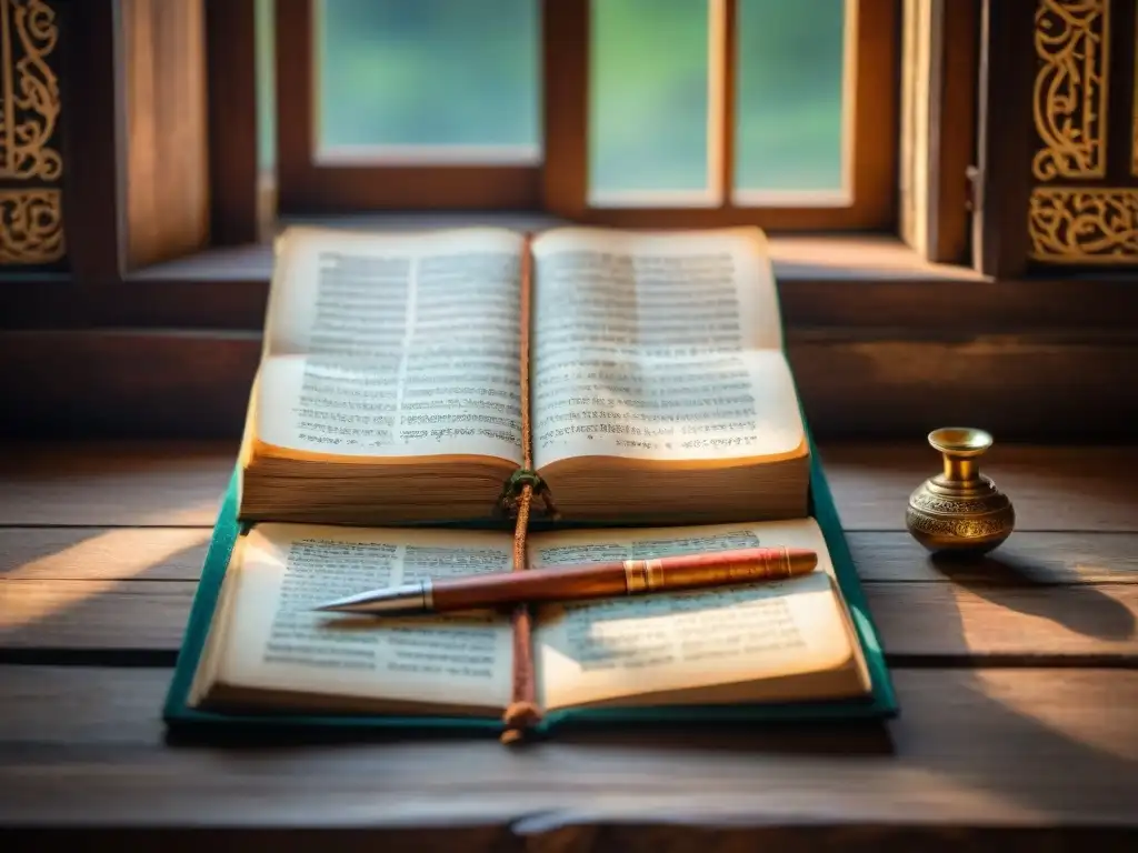 Detalle del antiguo manuscrito sánscrito de los Vedas en una mesa de madera, resaltando el significado de los Vedas India antiguos