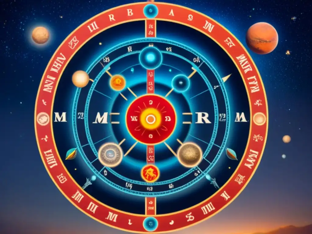 Detalle de antiguo mapa astral con Marte y guerras, reflejando la conexión cósmica en astrología