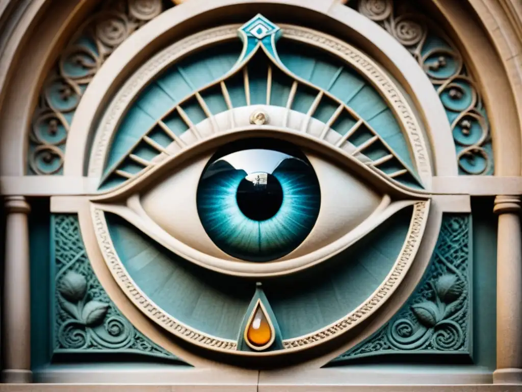 Detalle antiguo del Ojo que Ve en piedra, iluminado por luz natural en catedral