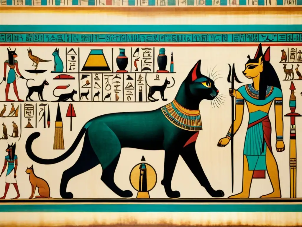 Detalle de un antiguo papiro egipcio con hieroglíficos que ilustran la importancia de los gatos en Antiguo Egipto