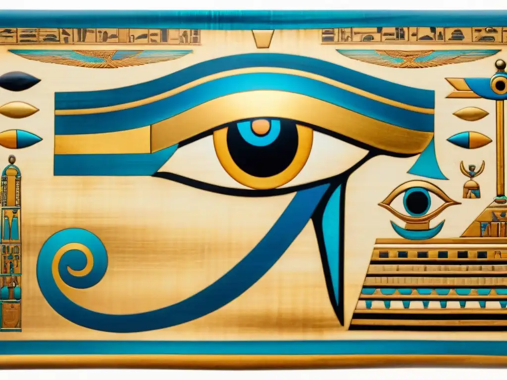 Detalle del antiguo papiro egipcio con el significado del Ojo de Horus en azul y oro