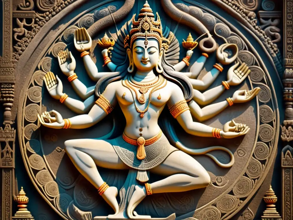 Detalle de antiguo relieve de Shiva Nataraja en dinámica pose de baile: simbología yoga arte antiguo