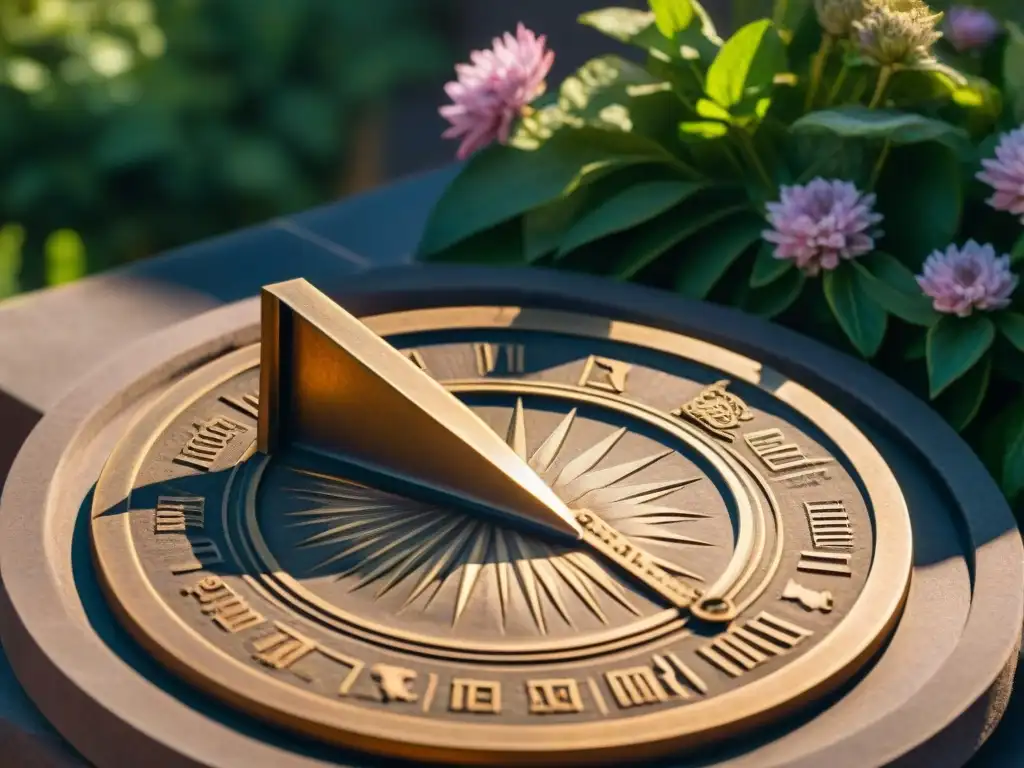 Detalle de un antiguo reloj de sol en un patio histórico con flores, simbolizando el paso del tiempo y los misterios calendario gregoriano revelados