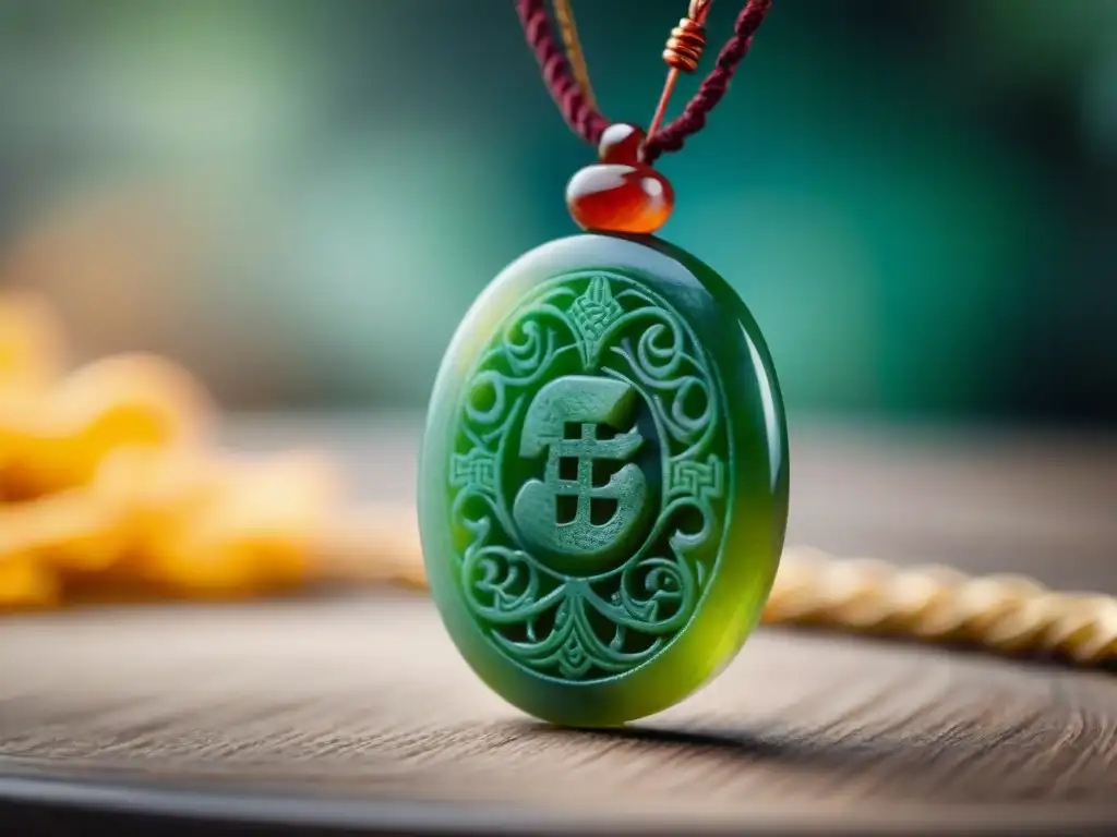 Detalle de un antiguo talismán de jade tallado a mano, con motivos simbólicos de China