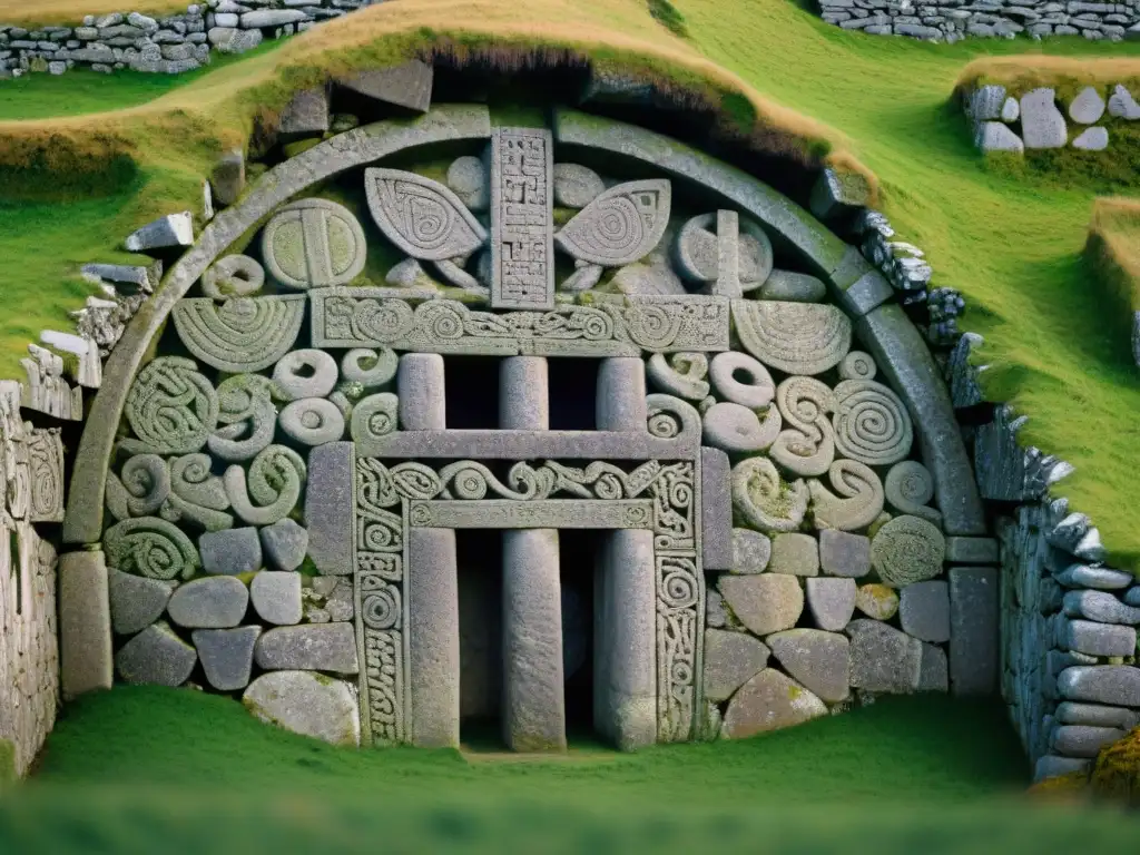 Detalle del antiguo templo solar de Newgrange, con intrincadas piedras y símbolos neolíticos, evocando misterios de Irlanda