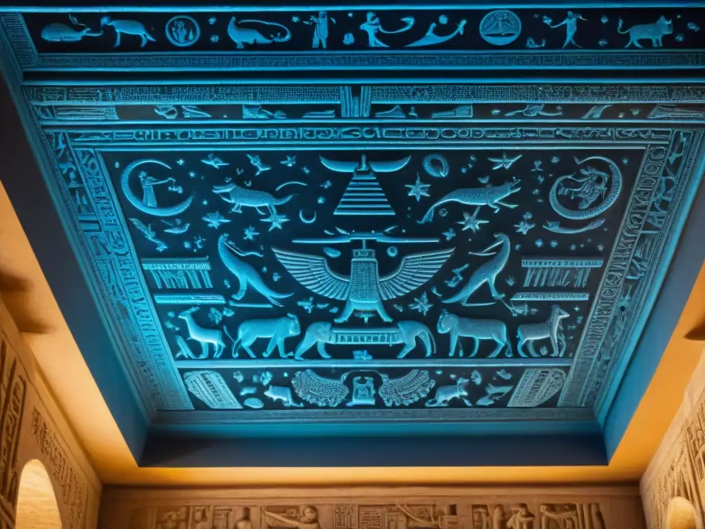 Detalle del antiguo Zodíaco de Dendera tallado en el techo del templo, iluminado por una suave luz natural