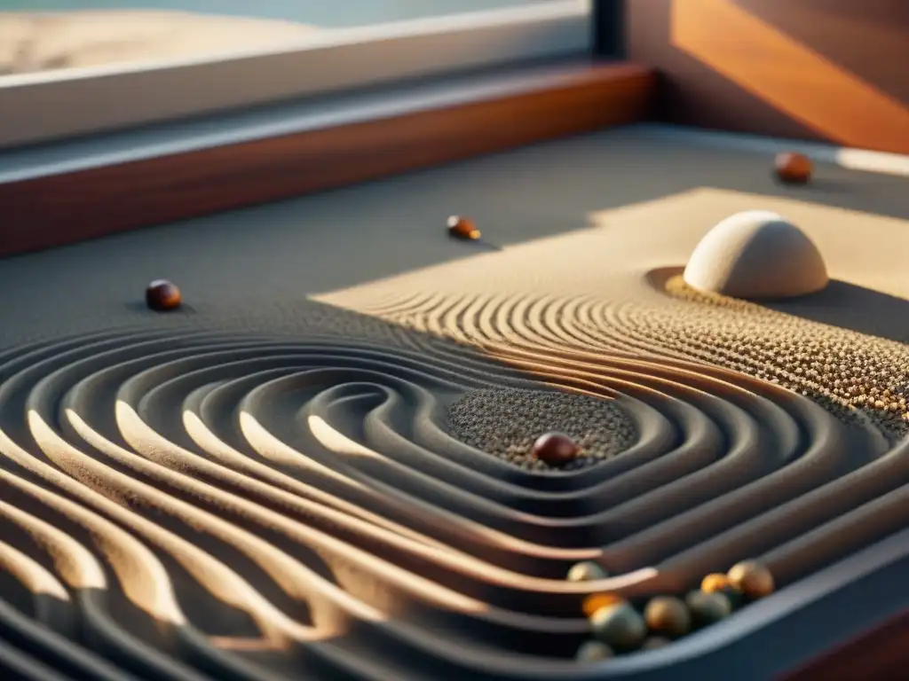 Detalle de jardín zen en apartamento urbano: arena y piedras en patrones intrincados, con rastrillo de madera cerca, luz suave