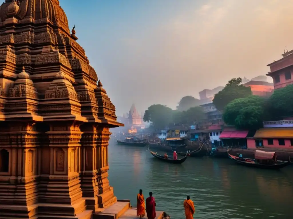 Detalle arquitectónico y misticismo de templos antiguos en Varanasi al amanecer, revelando los misterios de Varanasi y rituales