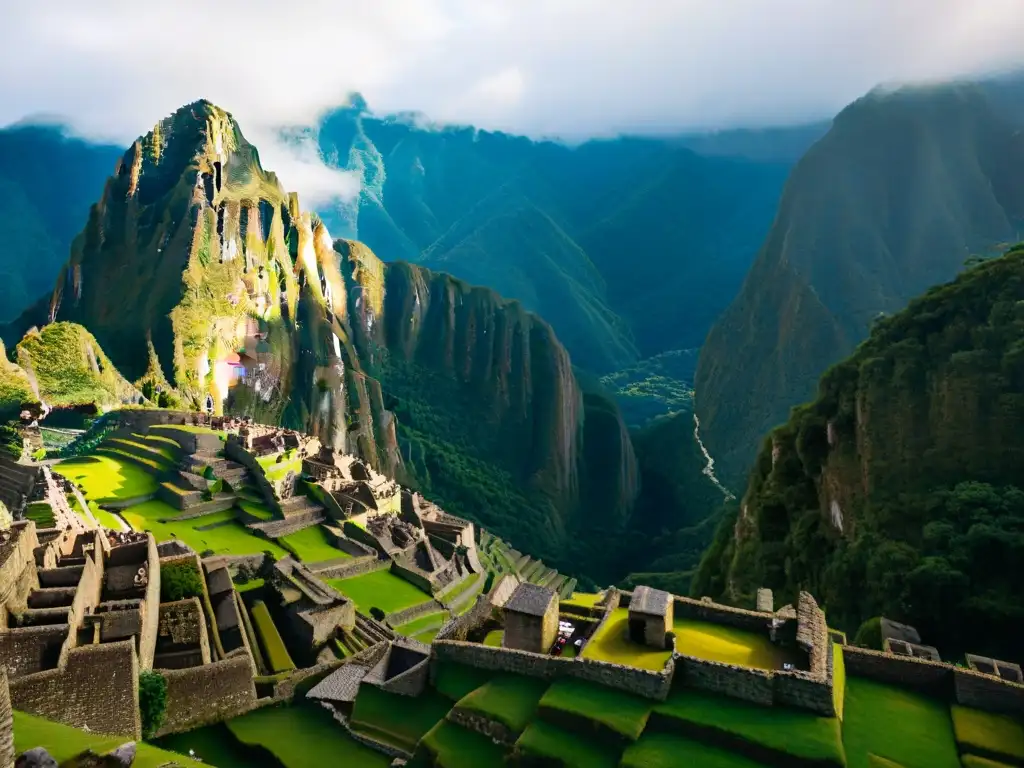 Detalle de la arquitectura de piedra de Machu Picchu, con sombras dramáticas y energía oculta Machu Picchu Incas