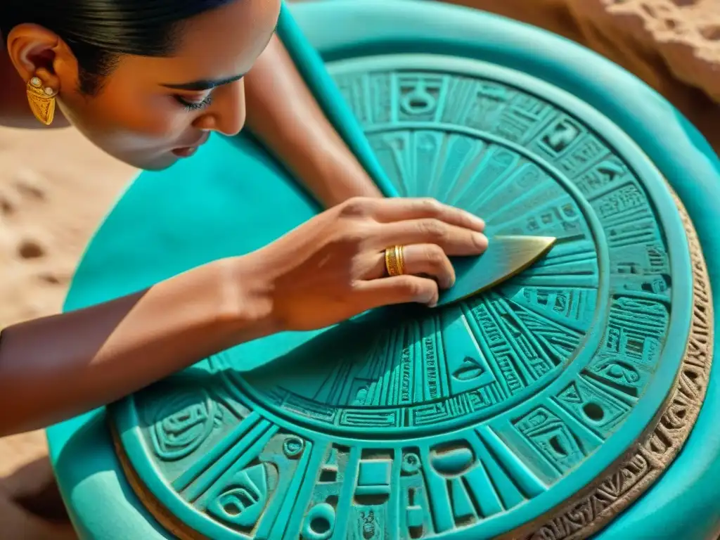 Detalle de artesano tallando amuletos poderosos antiguo Egipto en turquesa faience