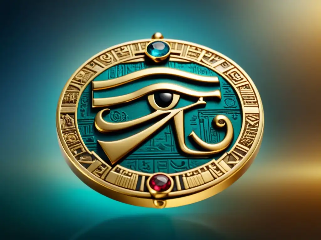 Detalle asombroso de un amuleto dorado del Ojo de Horus, símbolo de protección y poder real en Egipto antiguo