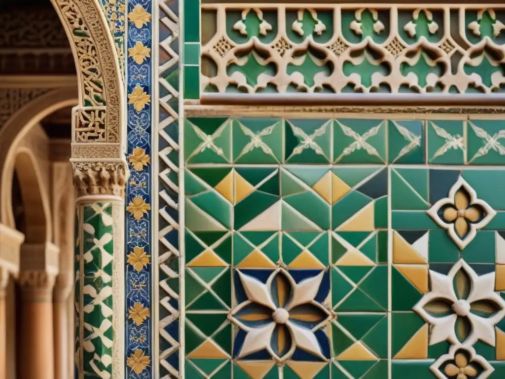 Detalle asombroso de la arquitectura y arte musulmán en la Alhambra: patrones geométricos y colores vibrantes en las paredes