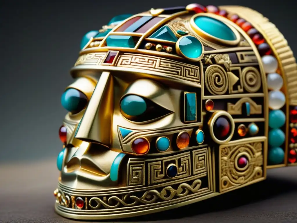 Detalle asombroso de un artefacto funerario inca de oro y gemas, reflejando la misteriosa belleza de las antiguas culturas