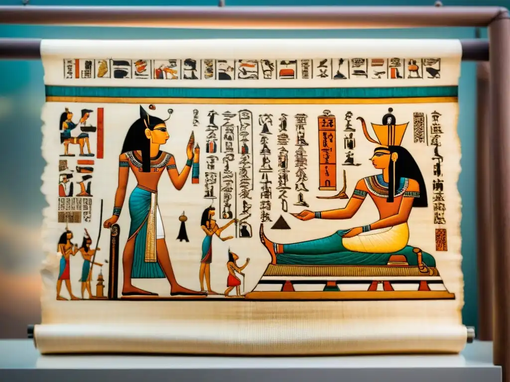 Detalle asombroso de un papiro antiguo de Egipto desplegándose, con jeroglíficos e ilustraciones detalladas de la vida diaria