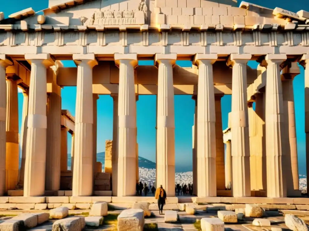 Detalle asombroso de los patrones geométricos del Partenón en Atenas, resaltando la precisión y belleza de la Geometría Sagrada en el Arte Antiguo