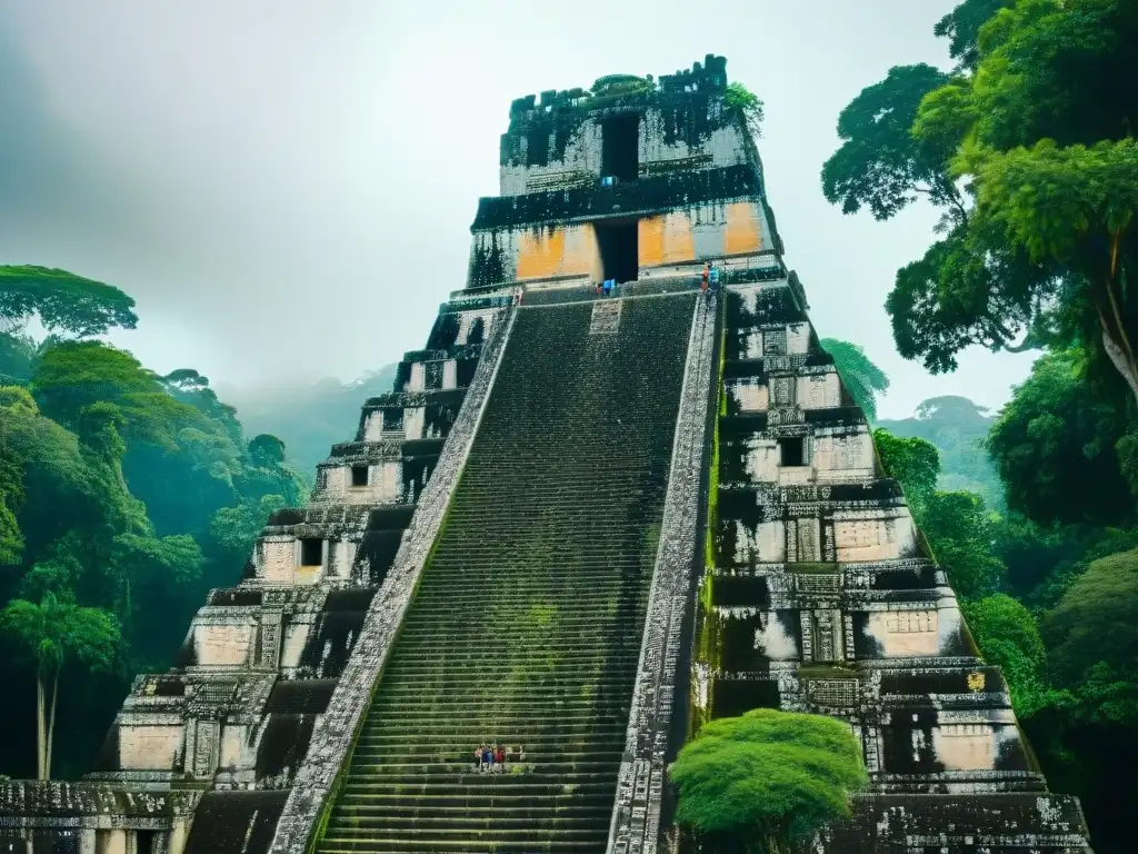 Detalle asombroso de las ruinas Mayas de Tikal, mostrando la sofisticación arquitectónica y la maravilla perdida de esta civilización