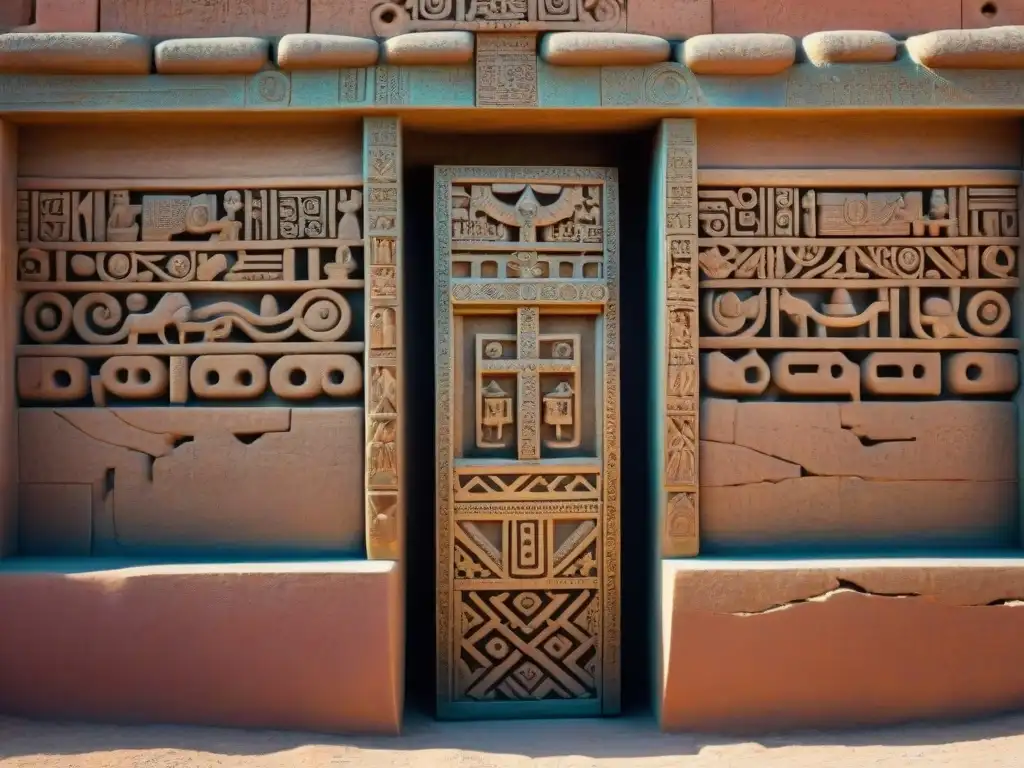 Detalle asombroso de los secretos en la Puerta del Sol Tiwanaku, con sombras y símbolos misteriosos