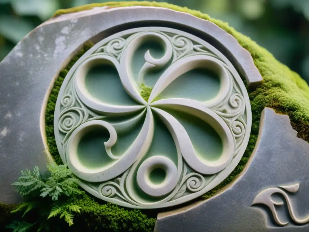 Detalle asombroso de un triskelion tallado en piedra antigua, con musgo, vida eterna y misticismo