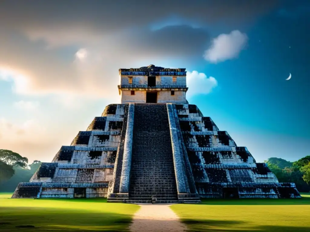 Detalle de la astronomía antigua: observatorio maya en Chichen Itza, juego de luces y sombras en sus grabados de piedra