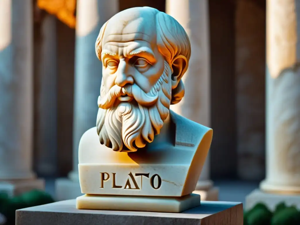 Detalle de busto de mármol de Platón en ruinas griegas antiguas, simbolizando las enseñanzas de Platón en la Antigua Grecia