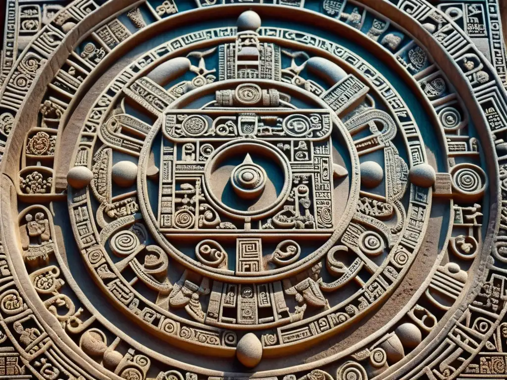 Detalle del calendario astronómico maya esculpido en piedra, mostrando su complejidad y precisión