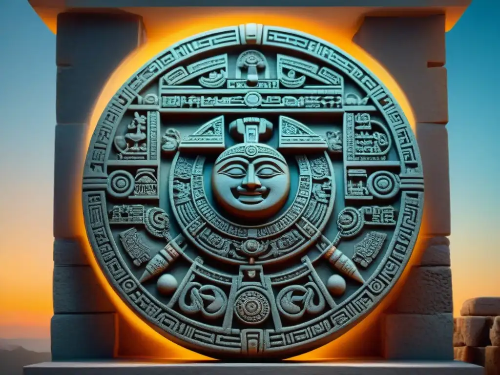 Detalle del calendario maya iluminado, reflejando el concepto de eternidad en culturas antiguas