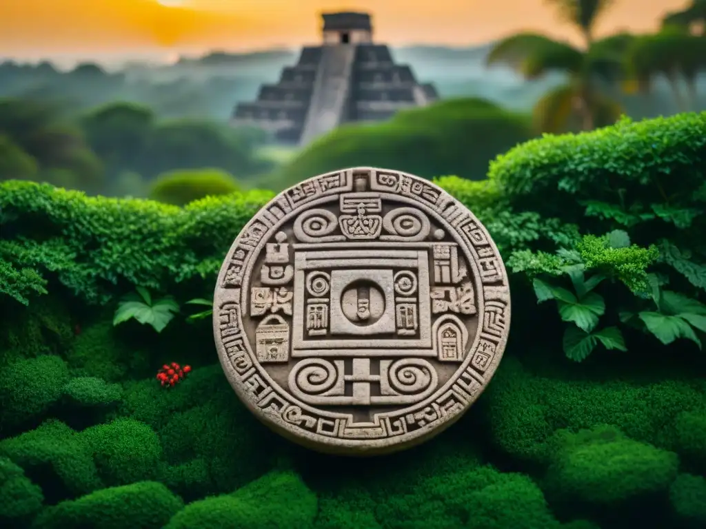 Detalle del Calendario Maya con símbolos tallados en piedra, entre ruinas antiguas y vegetación exuberante, iluminado por el sol poniente