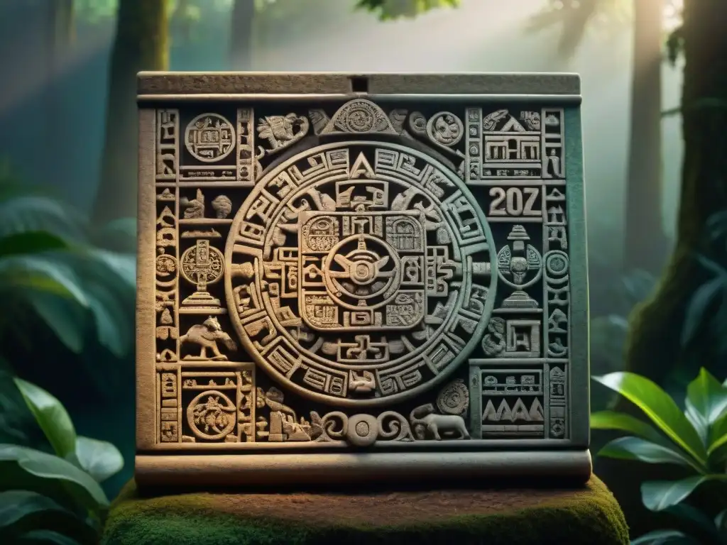 Detalle del calendario Tzolk'in en piedra con símbolos mayas y motivos celestiales, significado Tzolk'in astrología maya