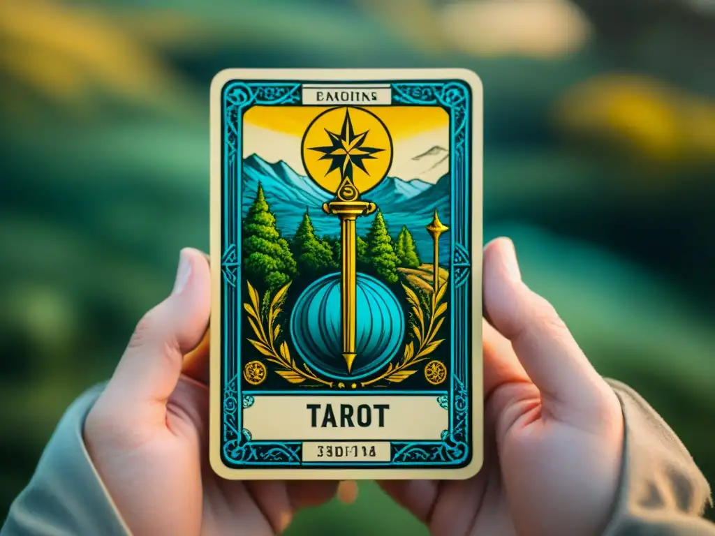 Detalle de carta de tarot desgastada, con ilustraciones intrincadas y colores desteñidos