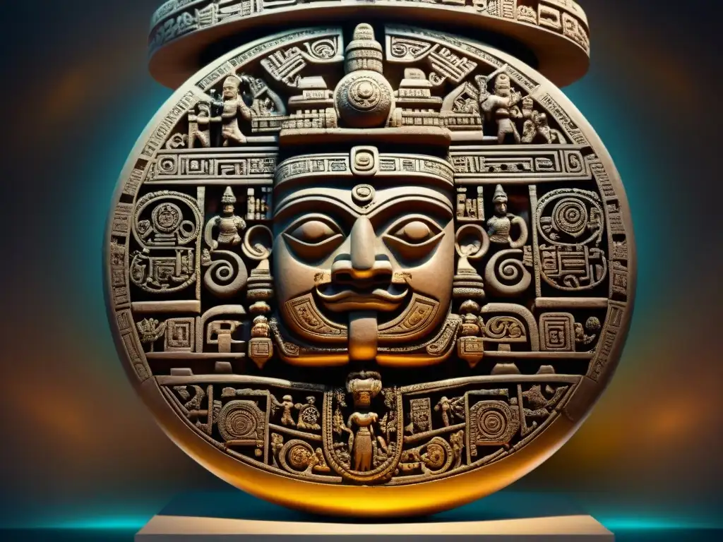 Detalle celestial: tallados mayas de dioses y cuerpos celestes en artefacto antiguo, iluminados en oro