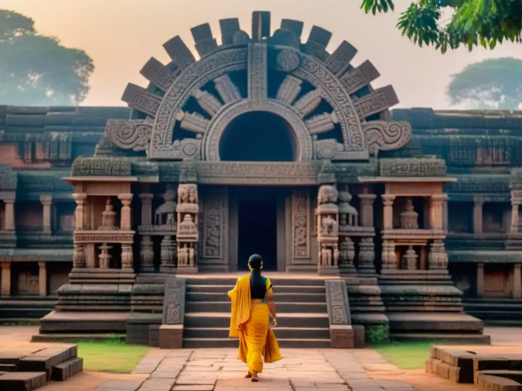 Detalle celestial del Templo del Sol en Konark, India, resaltando su arquitectura y significado astronómico al amanecer