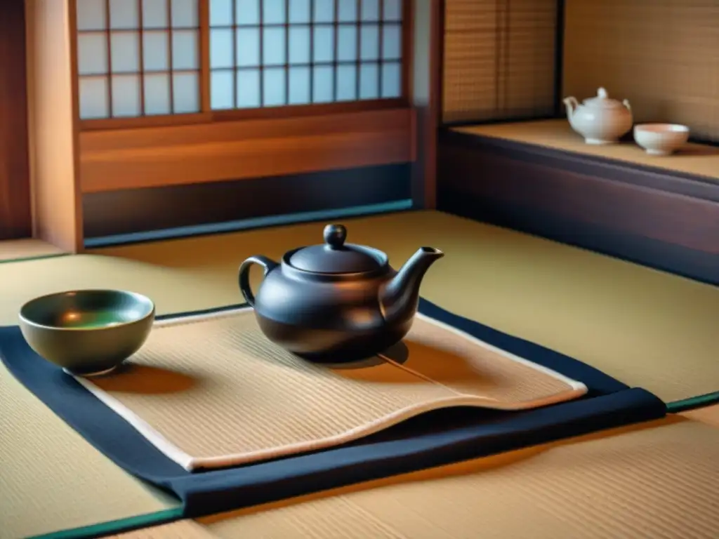 Detalle de una ceremonia del té japonés, con movimientos precisos y utensilios cerámicos delicados en una atmósfera serena