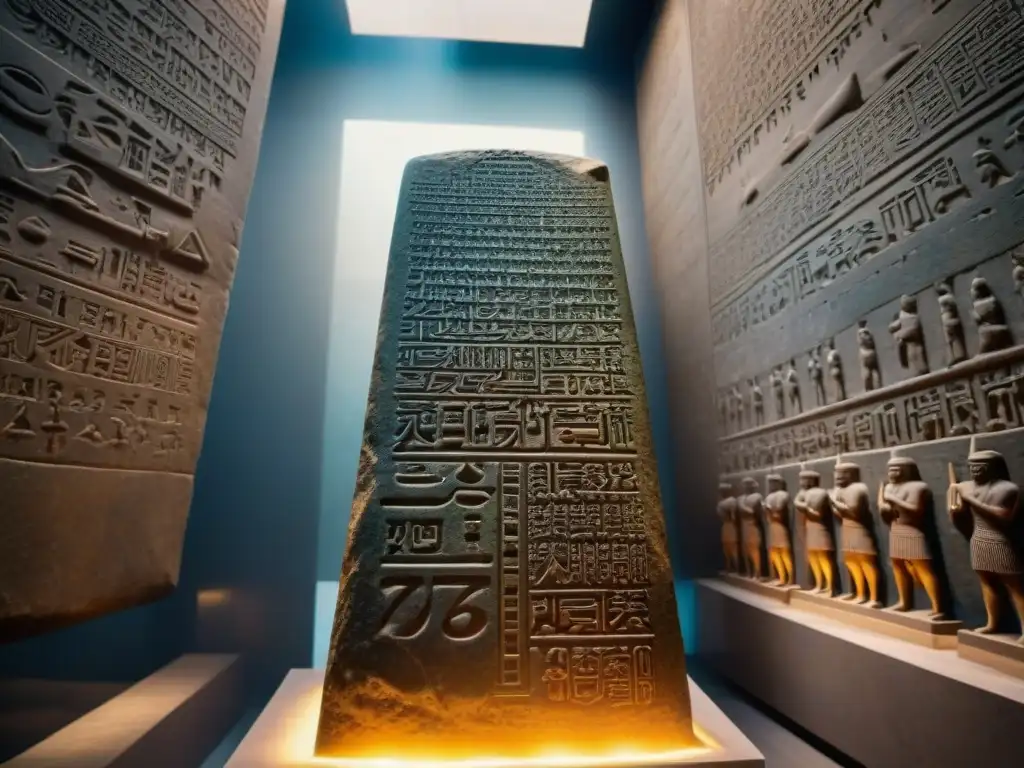 Detalle del Código de Hammurabi en una antigua estela de Babilonia, mostrando intrincadas inscripciones cuneiformes y arquitectura babilónica de fondo