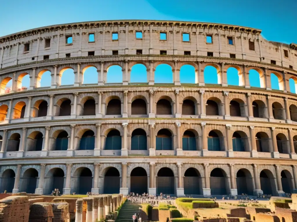 Detalle del Coliseo Romano con arcos y columnas, una multitud vestida de romanos y un cielo azul