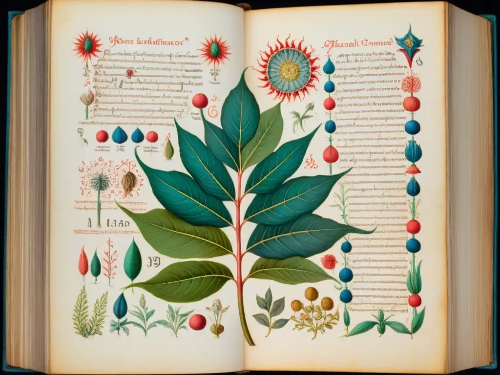 Detalle en color del enigmático Manuscrito Voynich con dibujos botánicos y texto antiguo