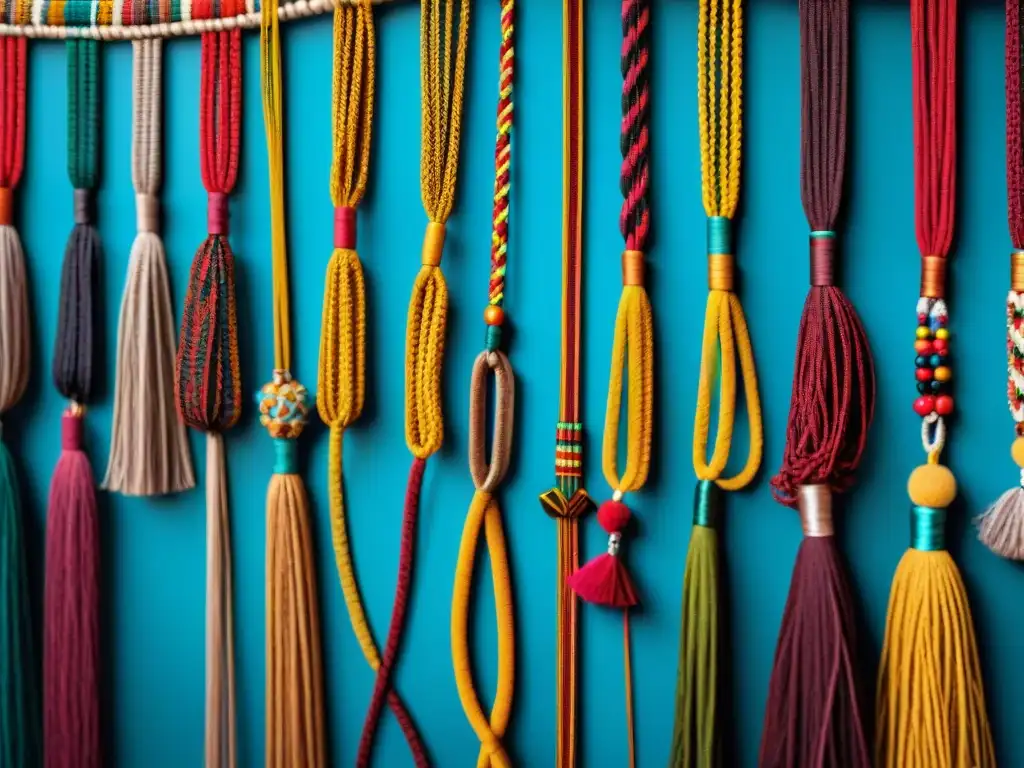 Detalle colorido de un quipu andino, mostrando la complejidad de la oralidad en sistemas de registro