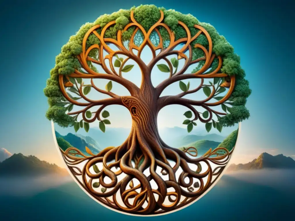 Detalle colorido del Árbol de la Vida, mostrando ramas y raíces, simbolizando la conexión espiritual