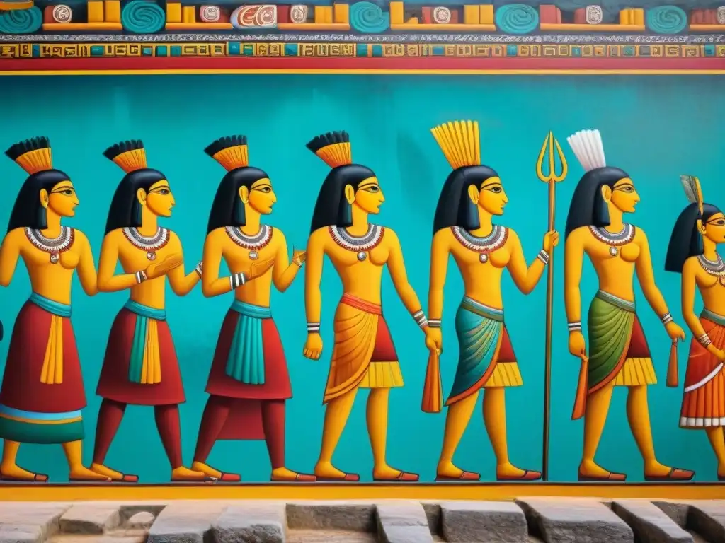 Detalle colorido de los murales Bonampak, reflejando la vida maya con figuras detalladas y jeroglíficos intrincados