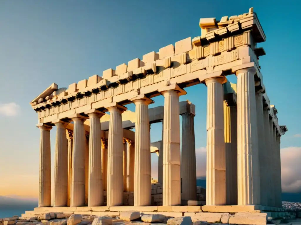 Detalle de las columnas del Partenón al atardecer, mostrando la historia y arquitectura del Partenón