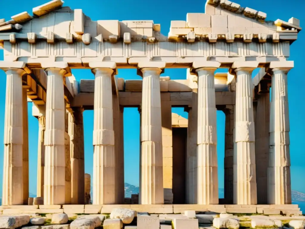 Detalle de columnas de mármol del Partenón en Atenas, Grecia, resaltando elementos decorativos para templo griego en luz y sombra