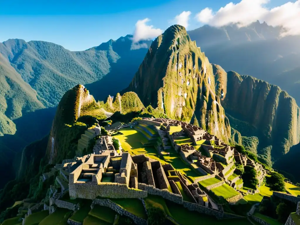 Detalle de la construcción de la Piedra Intihuatana en Machu Picchu, con el sol iluminando los templos solares incas misteriosos