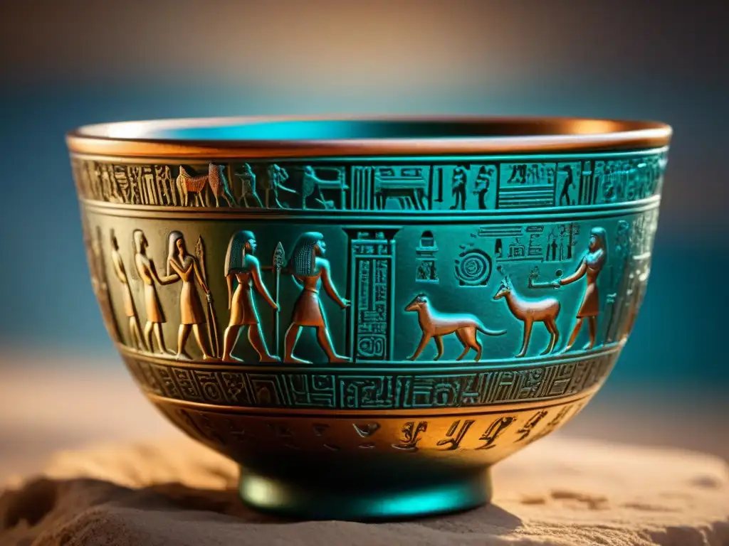 Detalle de la Copa de los Ptolomeos antiguo Egipto con intrincadas inscripciones y jeroglíficos, resaltando la artesanía y simbología egipcia