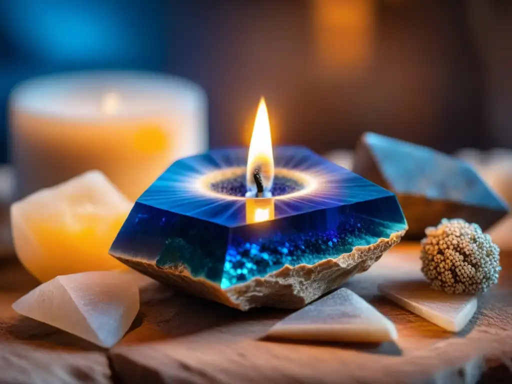 Detalle de cristal azurita en medio de cristales brutos, luz de velas y palo santo, evocando espiritualidad ancestral