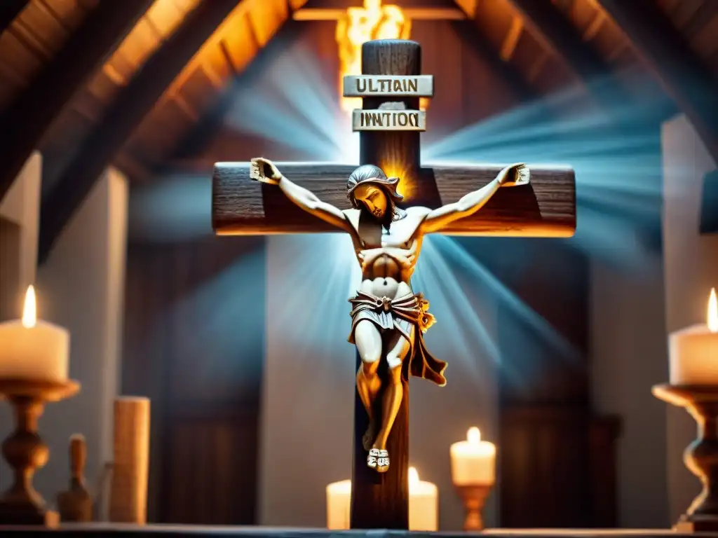 Detalle de una cruz de madera iluminada por velas en una iglesia, resaltando la artesanía y simbolismo en rituales de iniciación en religiones