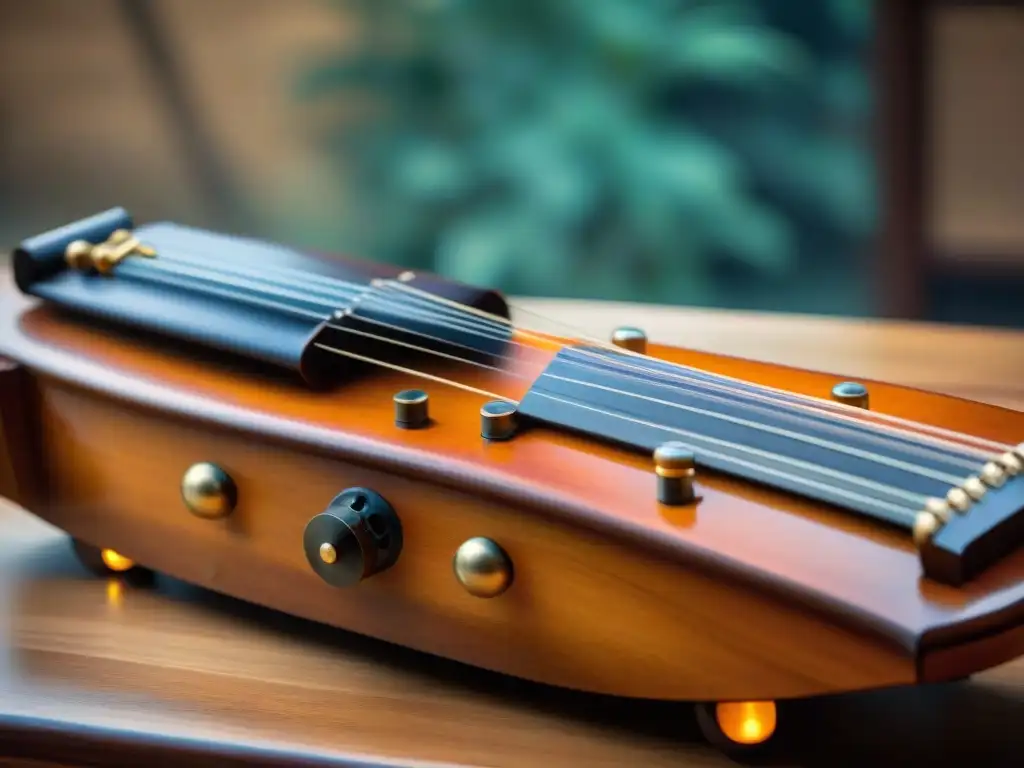 Detalle de las cuerdas y cámaras resonantes de un antiguo guqin chino, destacando su ingeniería para el sonido en instrumentos musicales antiguos