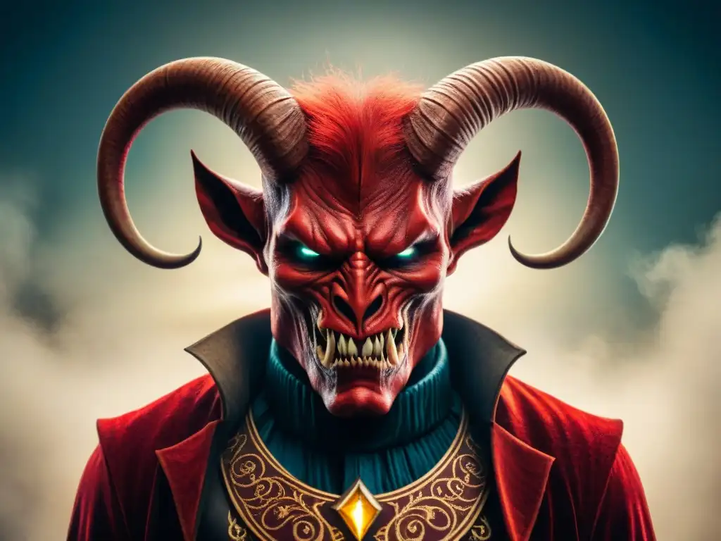 Intrincado diablo rojo del Codex Gigas: detalle vibrante y misterioso Detalle del diablo rojo del Codex Gigas, con cuernos, cola y expresión amenazante
